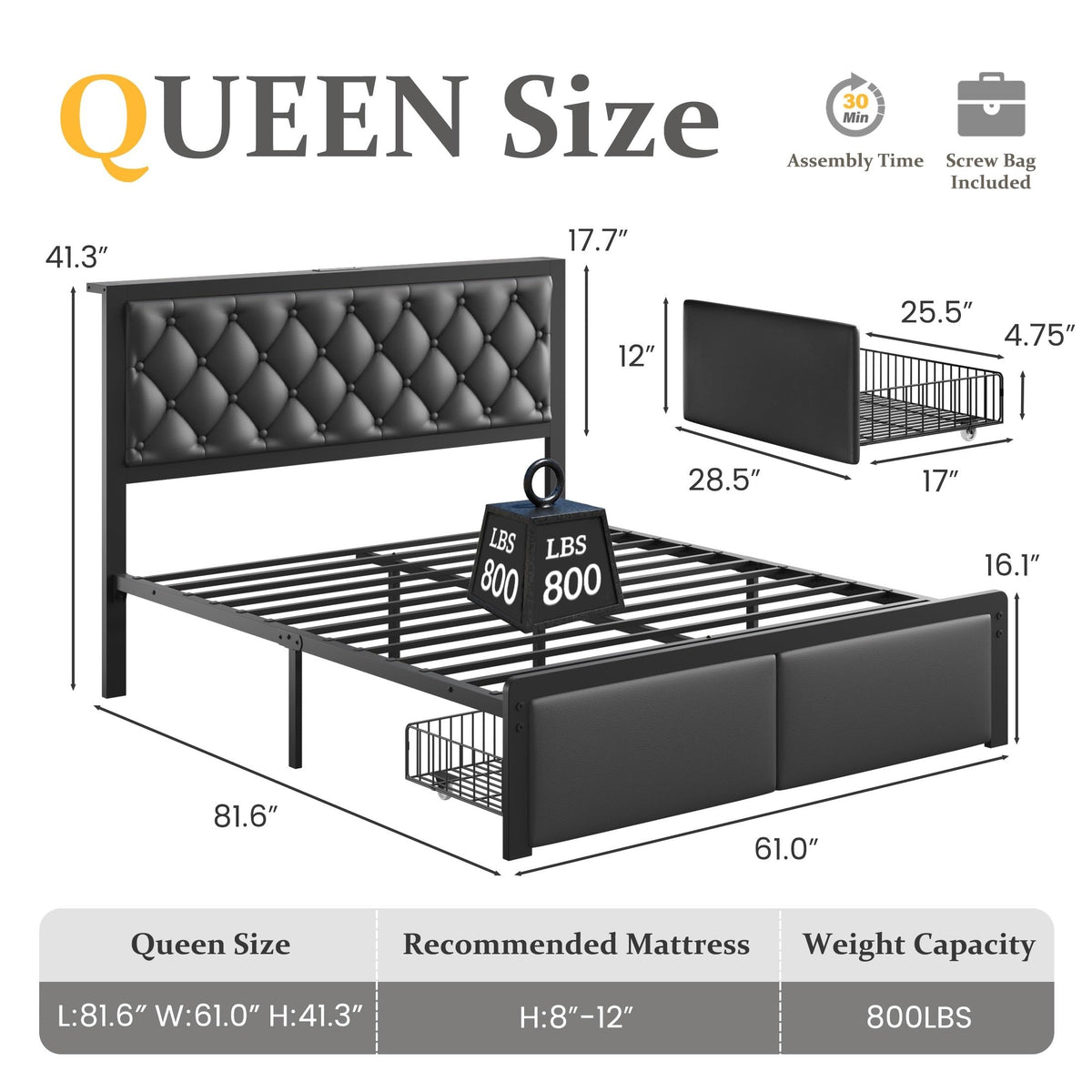 Queen Bed Frame with Upholstered Headboard and 2 Storage Drawers Y1712