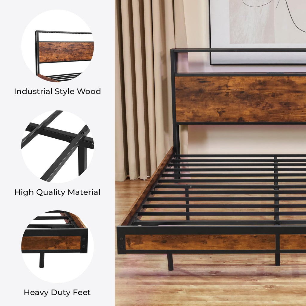 Queen Size Metal Platform Bed Frame with Storage Headboard K54282