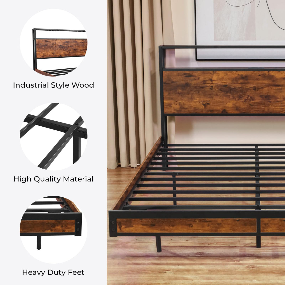 Queen Size Metal Platform Bed Frame with Storage Headboard K54282