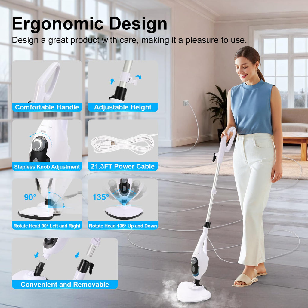 1550W 11-in-1 Steam Mop with 21.3FT Cord, White V4841