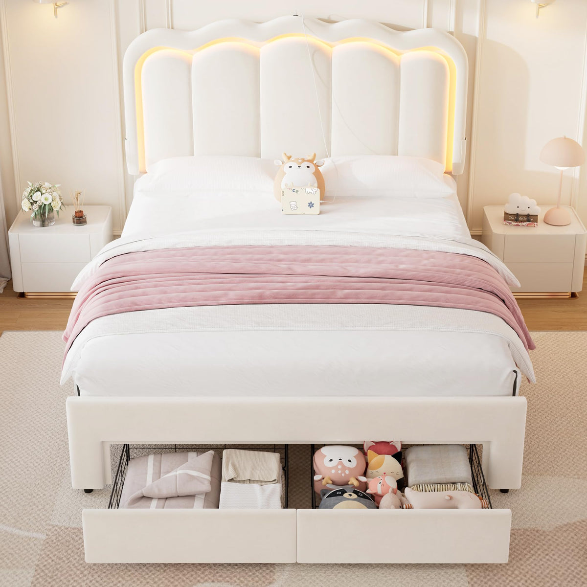 Beige Velvet Upholstered LED Bed Frame with 2 Storage Drawers Q333