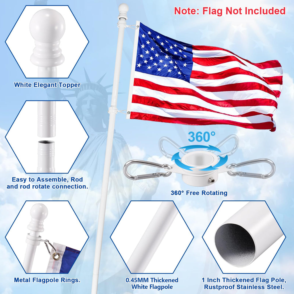 White 5 FT Stainless Steel Wall Mount Flag Pole Kit with 360° Rotating Rings R7463