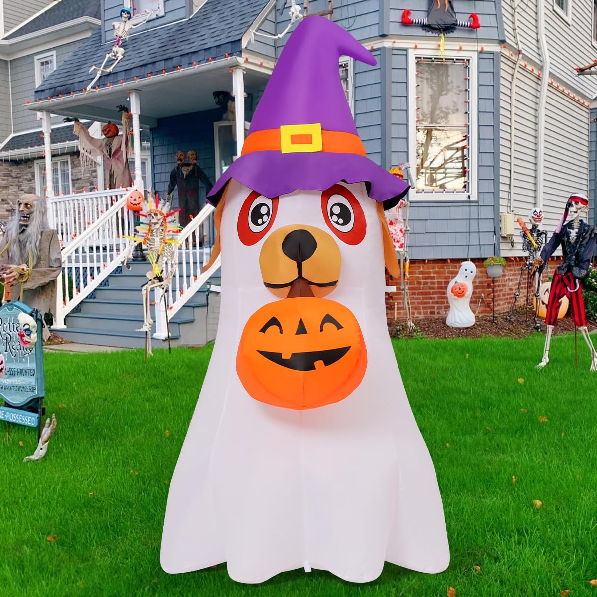 6.2 FT Halloween Inflatables Dog with Pumpkin Built-in LEDs R566