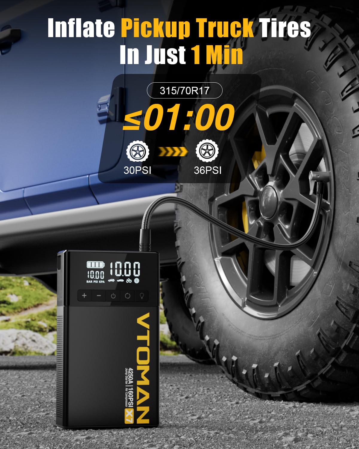 Jump Starter with Air Compressor, 160PSI Tire Inflator O90821