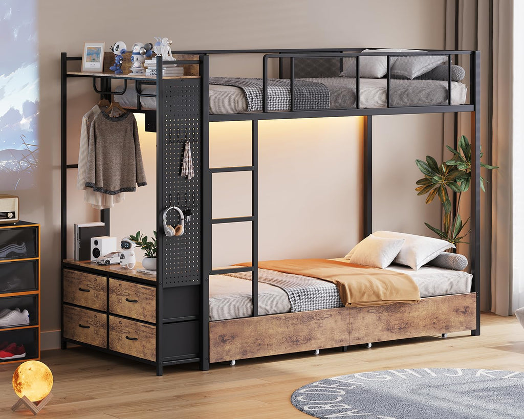 Twin Over Twin Metal Bunk Bed with Storage Drawers S4708