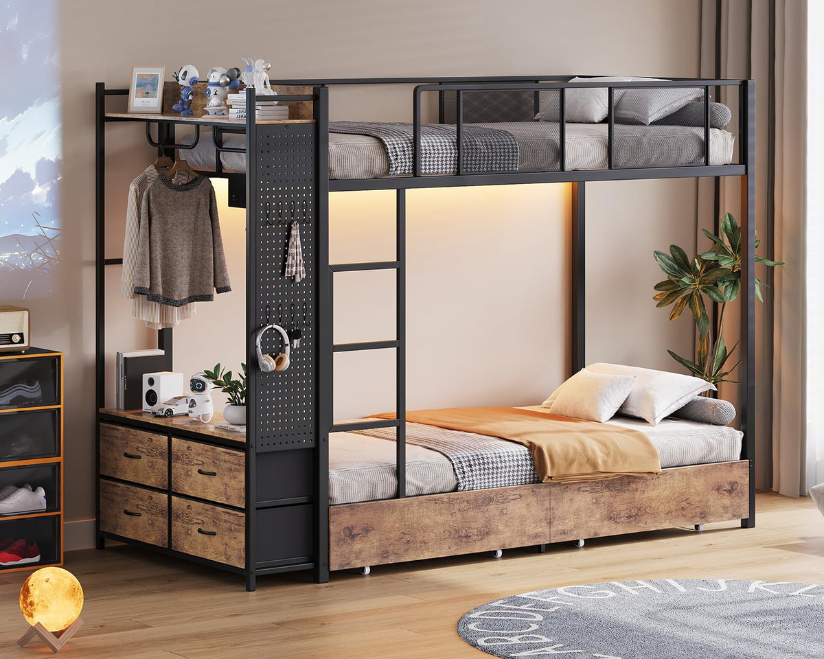 Twin Over Twin Metal Bunk Bed with Storage Drawers S4708