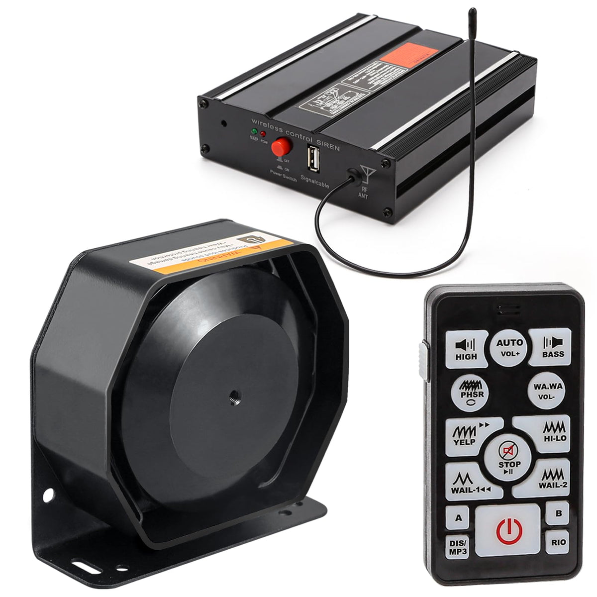 200W 12V Emergency Siren PA System with Slim Speaker, Wireless Remote Handheld Microphone A691056