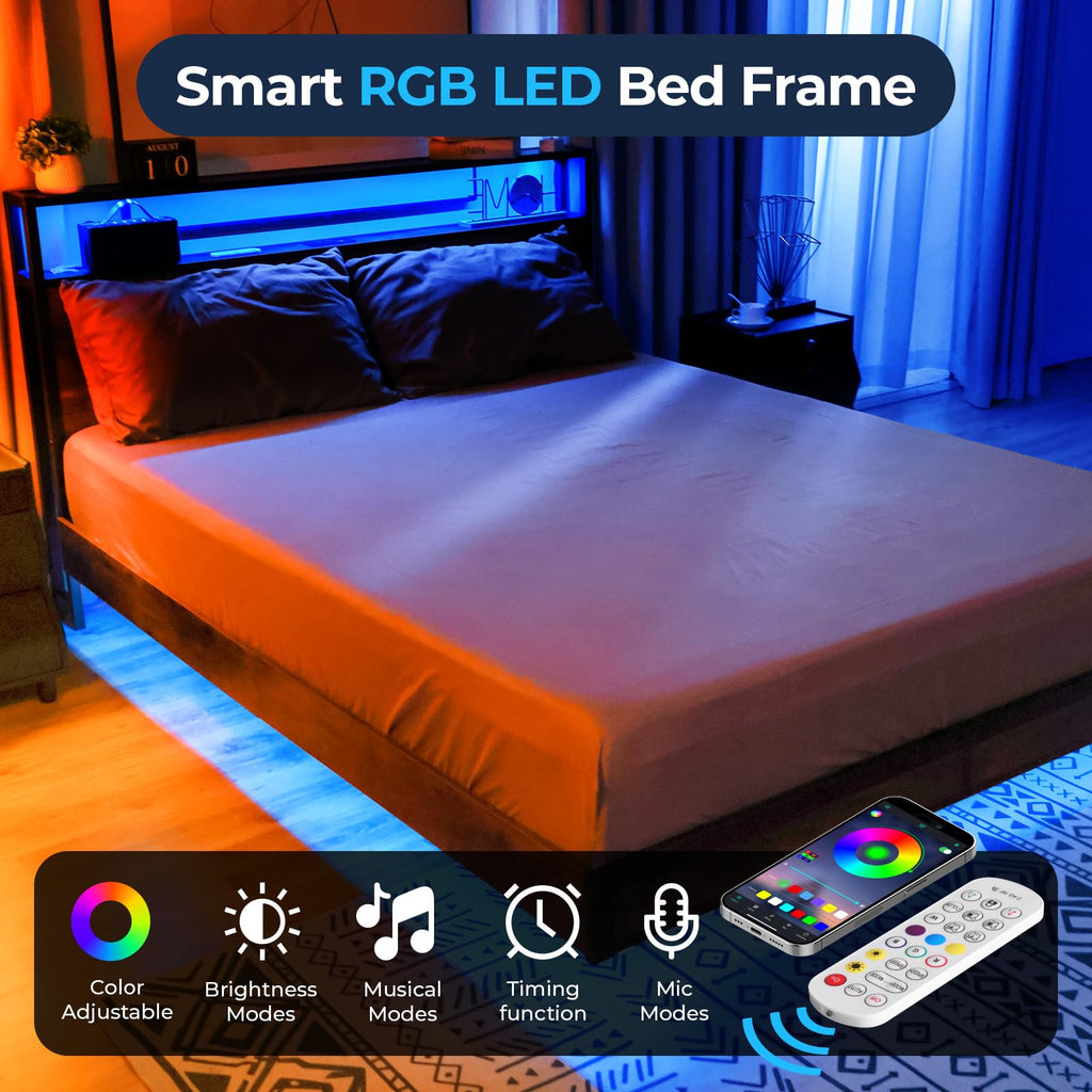 Queen Size Metal Platform Bed Frame with Storage Headboard K54282