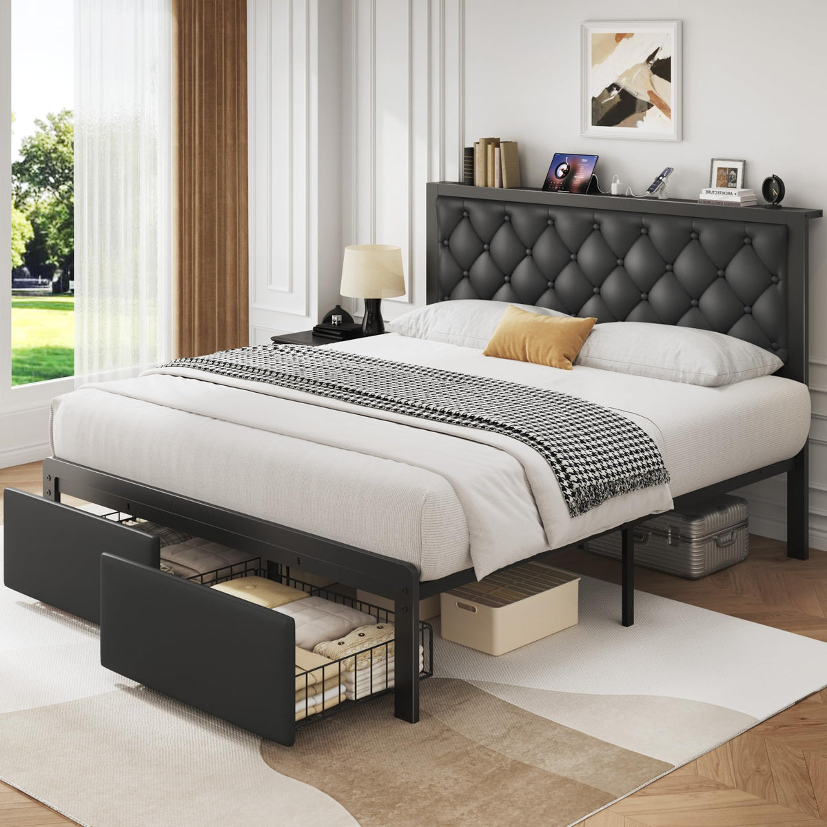 Queen Bed Frame with Upholstered Headboard and 2 Storage Drawers Y1712