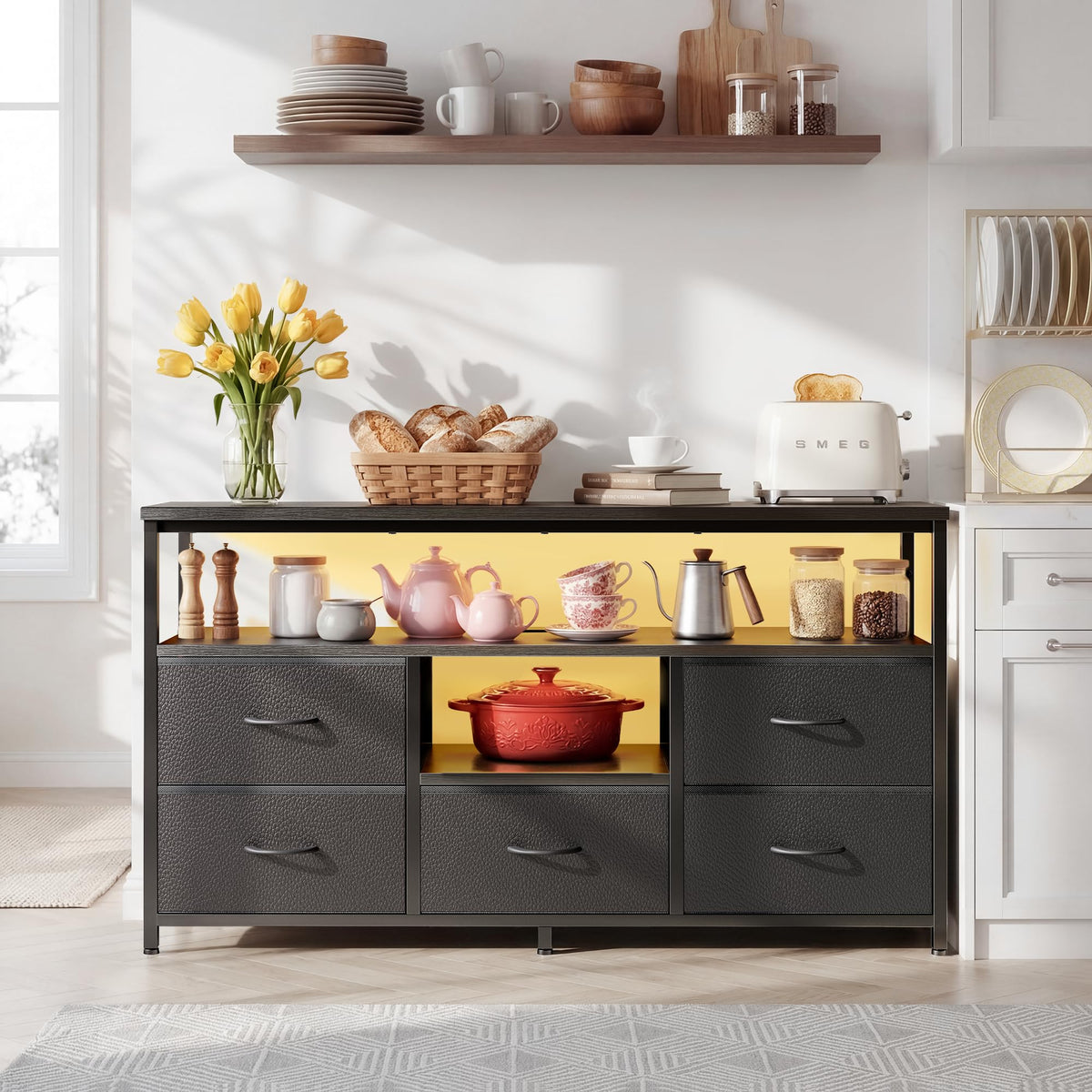 Black 5 Fabric Drawer Dresser TV Stand with LED Lights P1668