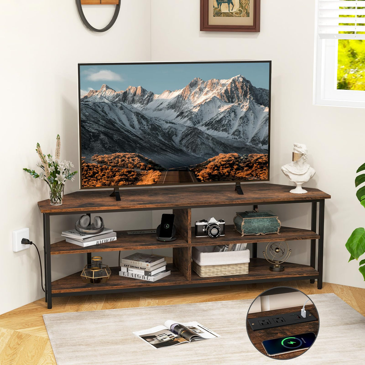 Corner TV Stand for TVs up to 65" with AC Outlets and Storage Shelves M398