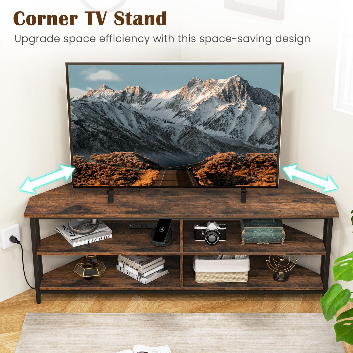 Corner TV Stand for TVs up to 65" with AC Outlets and Storage Shelves M398