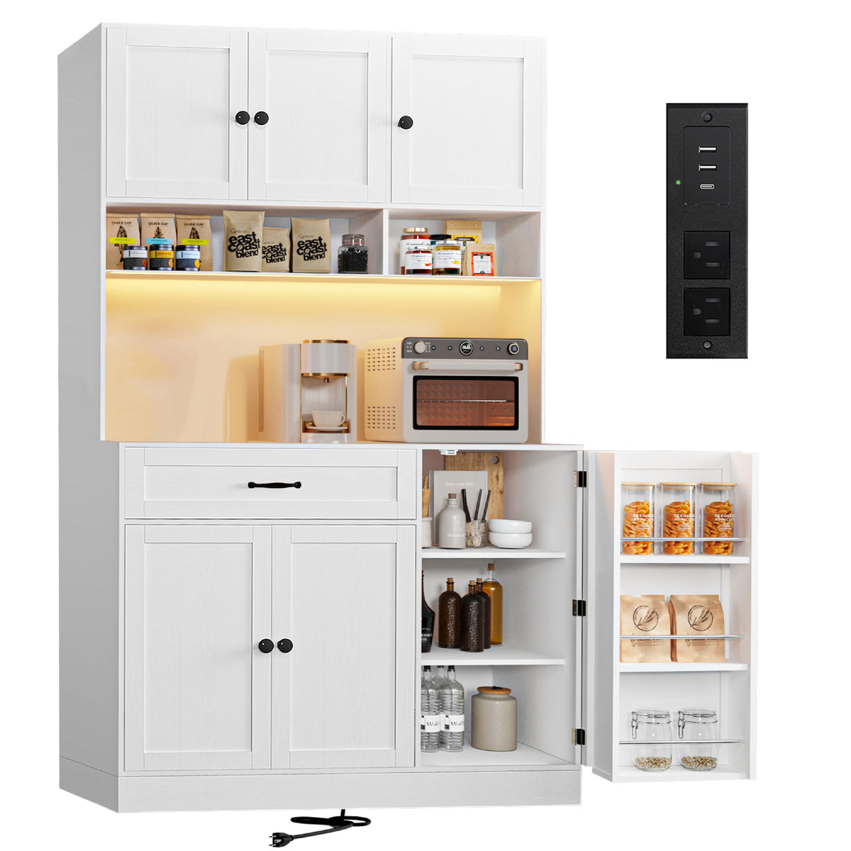 72" Kitchen Pantry Cabinet with LED Light and Charging Station Y22056