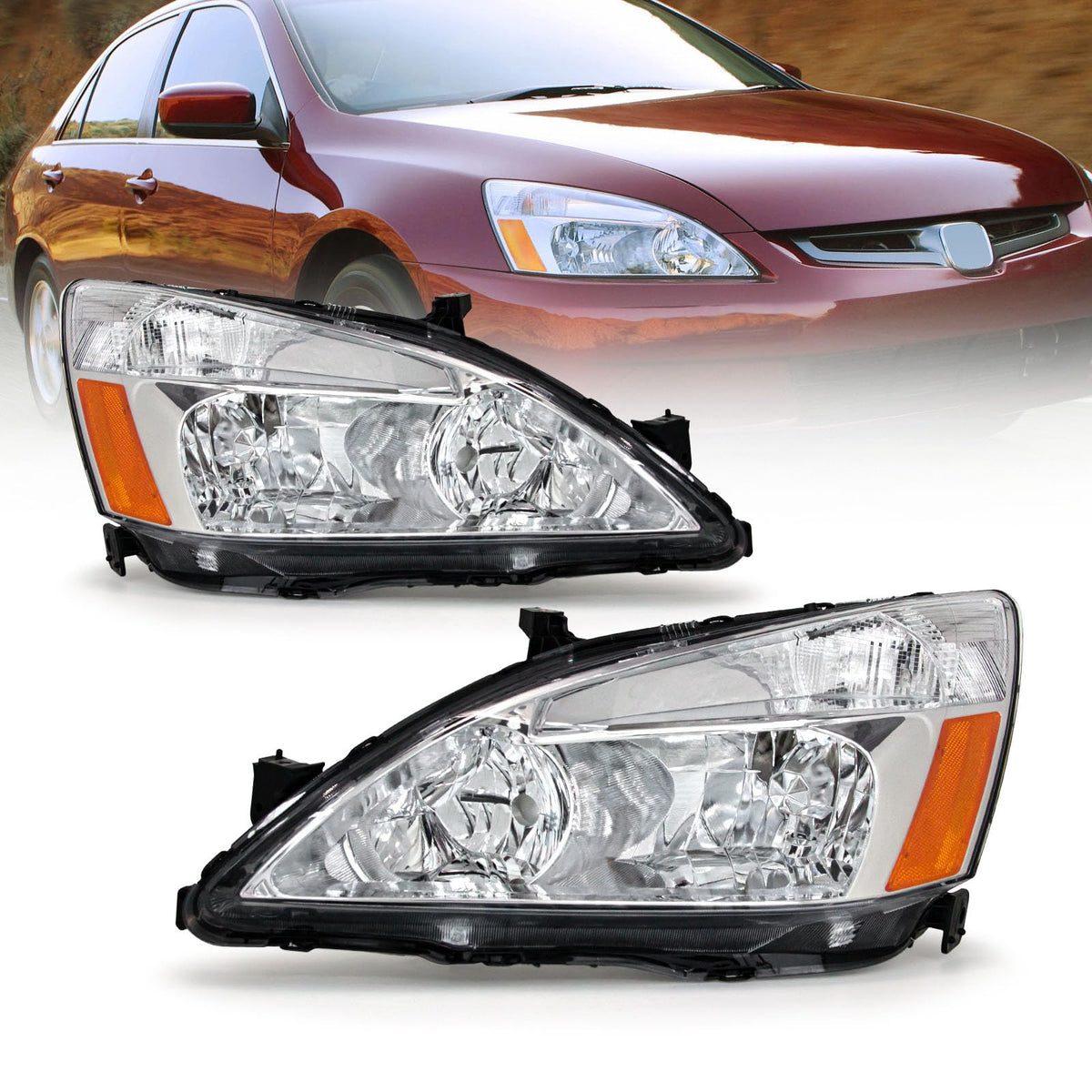 Headlight Assembly for 2003-2007 Honda Accord Chrome Housing Amber Reflector Pair K42420