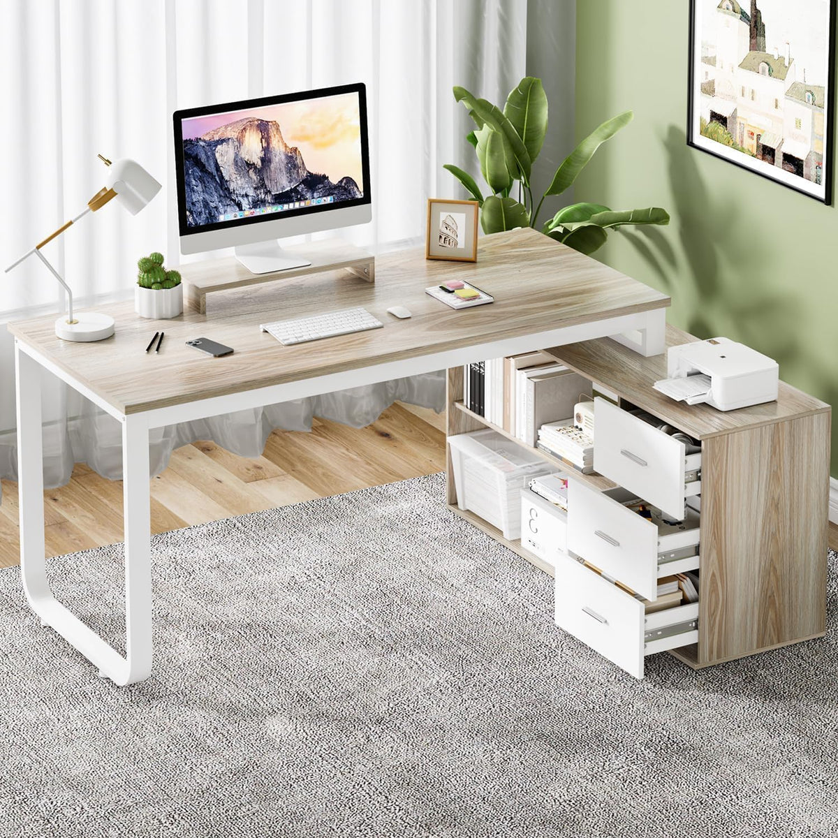 55" L Shaped Office Desk with Drawers, White and Walnut P868