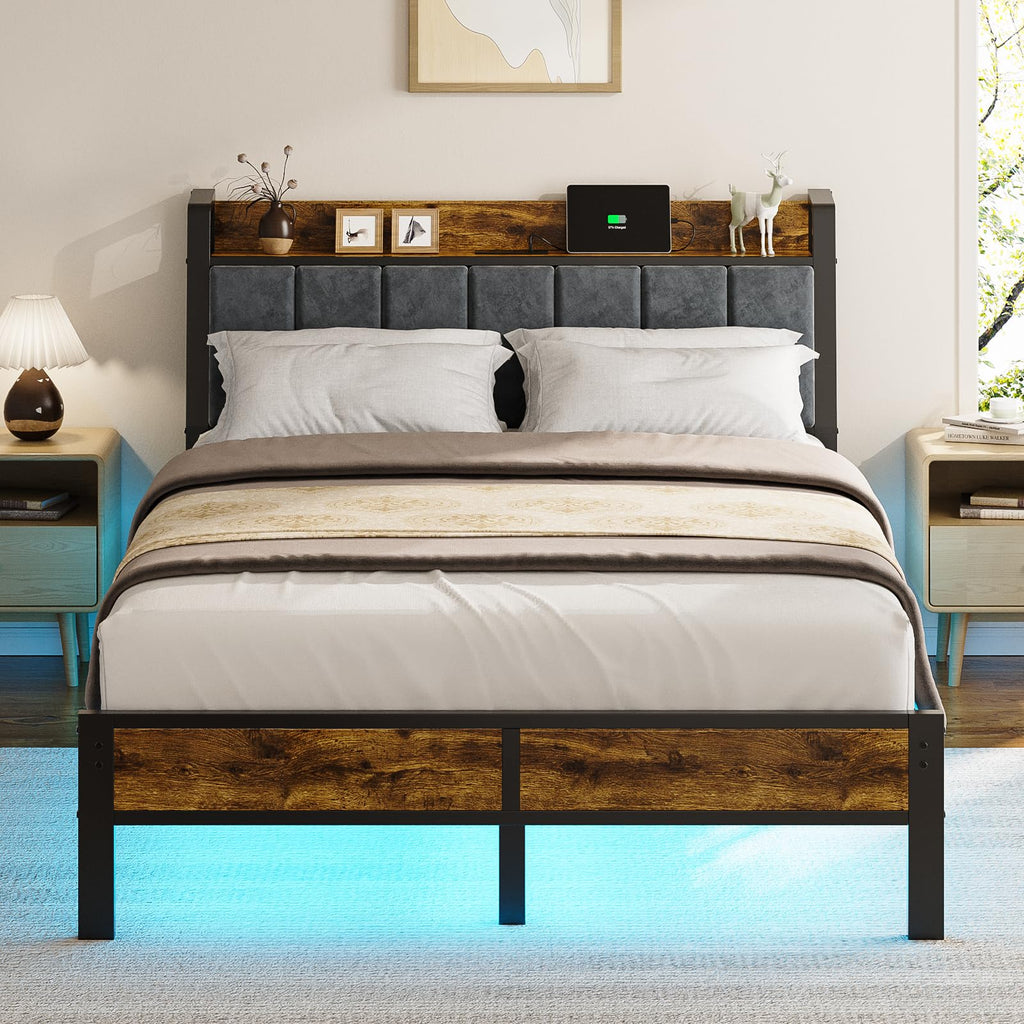 Full Size Bed Frame with LED Light and Charging Station B844