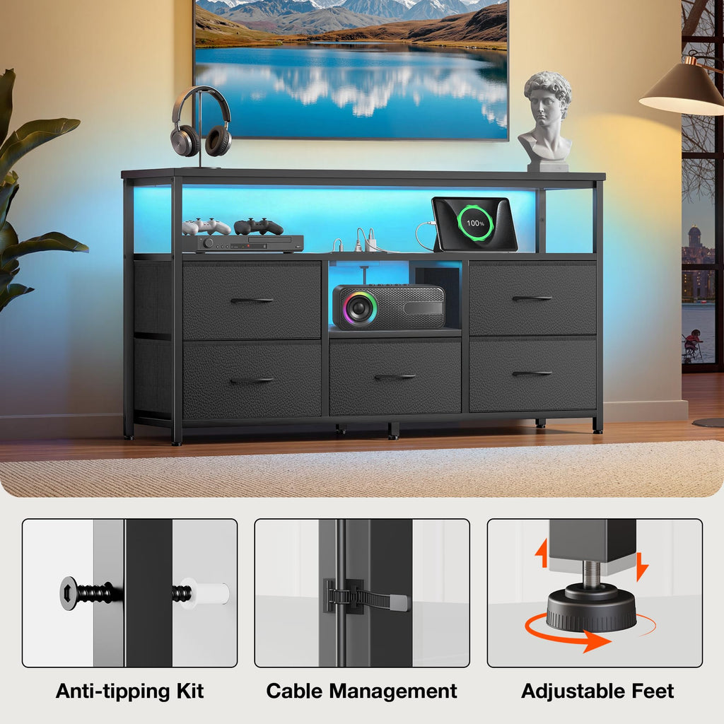 Black 5 Fabric Drawer Dresser TV Stand with LED Lights P1668