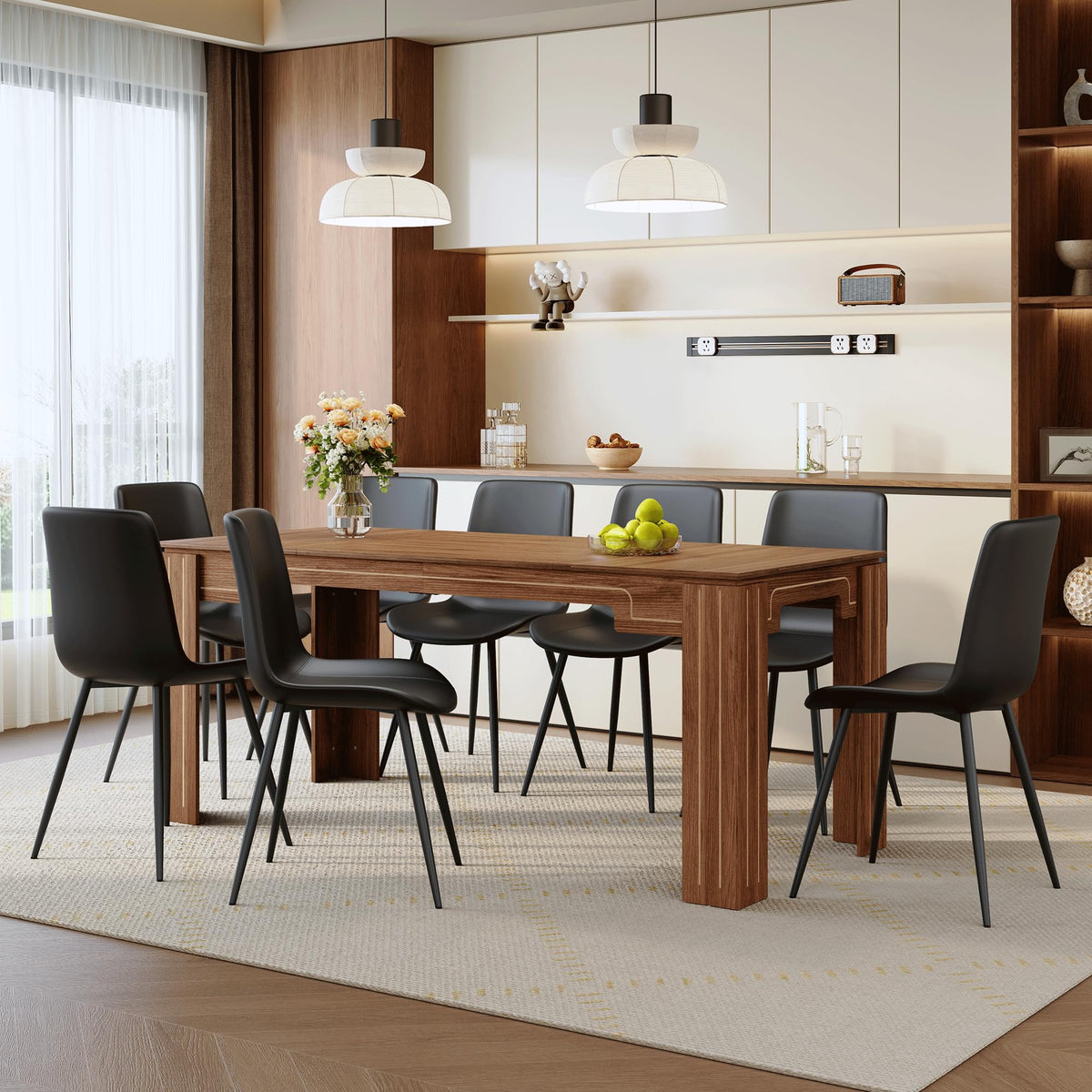 Walnut 9 Piece Dining Table Set with 8 Black Upholstered Chairs D2103