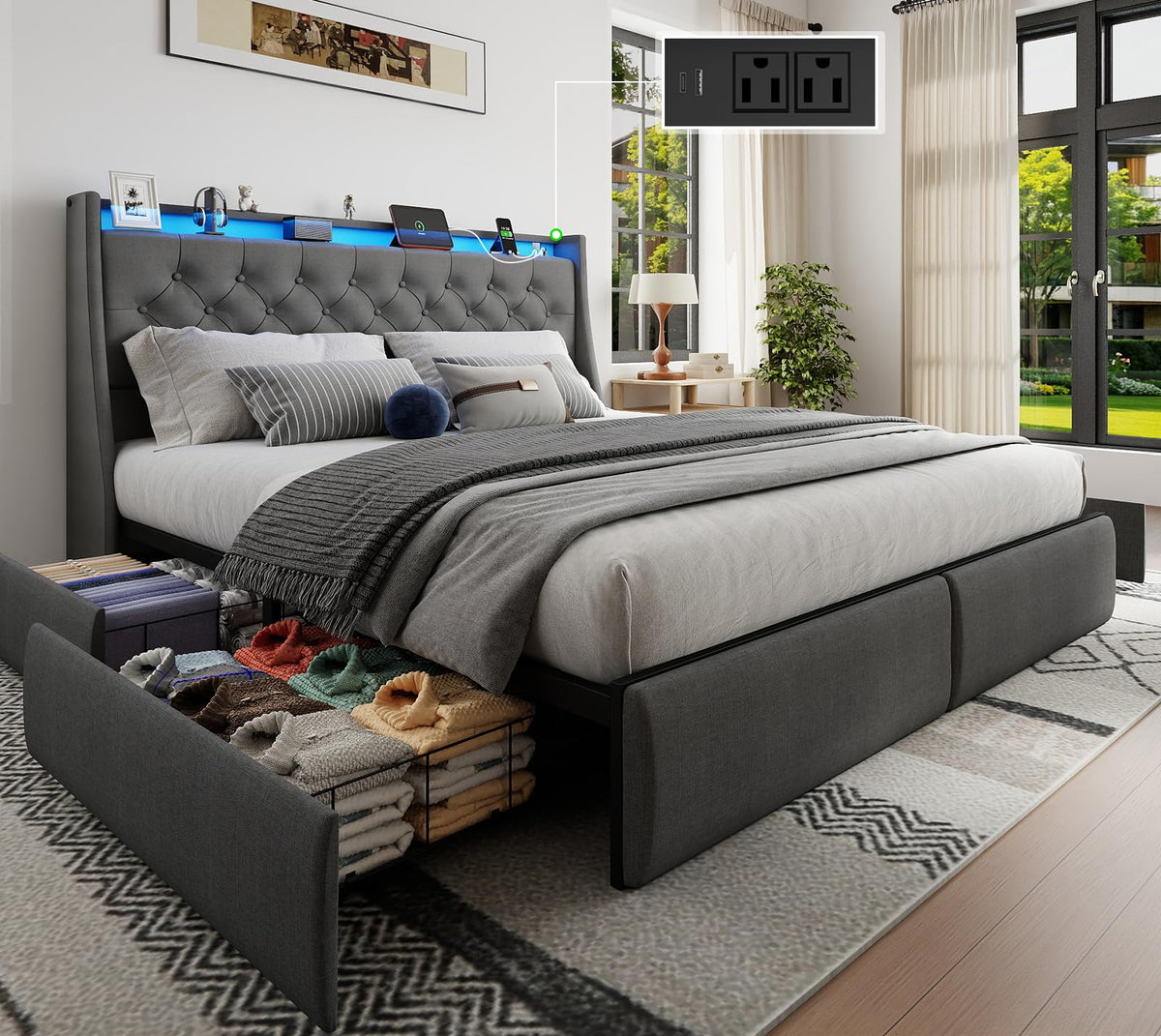 Queen Size Upholstered Bed Frame with 4 Storage Drawers F27802
