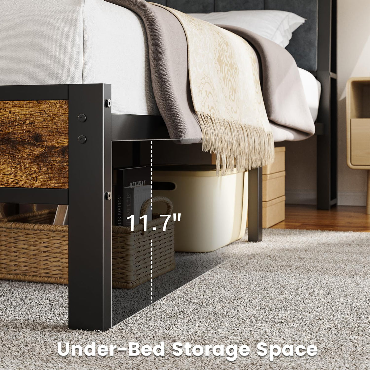 Full Size Bed Frame with LED Light and Charging Station B844