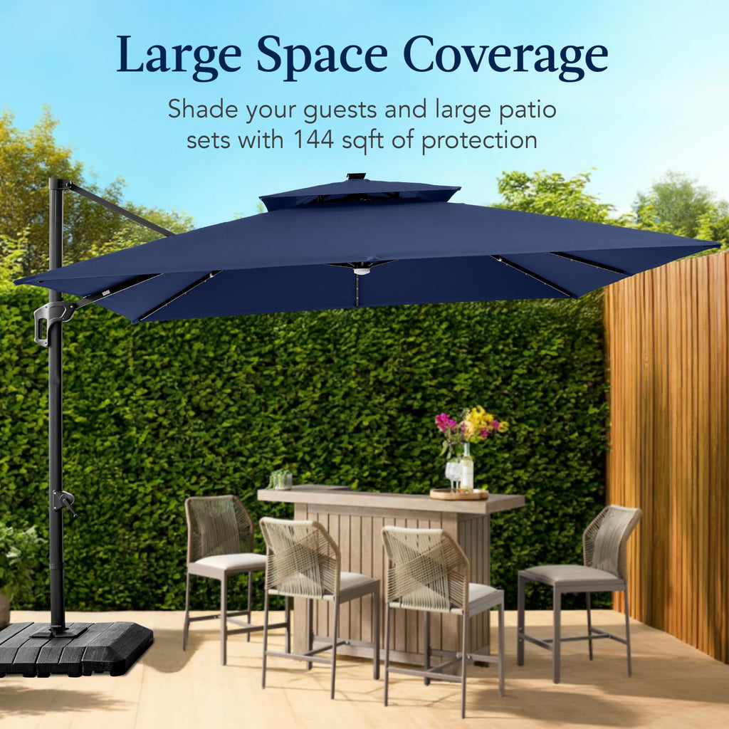 12x12ft LED Cantilever Patio Umbrella with Base and 360° Rotation Y5136