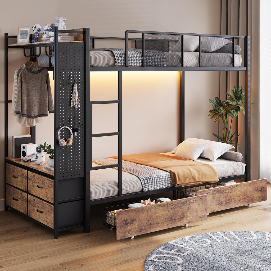 Twin Over Twin Metal Bunk Bed with Storage Drawers S4708