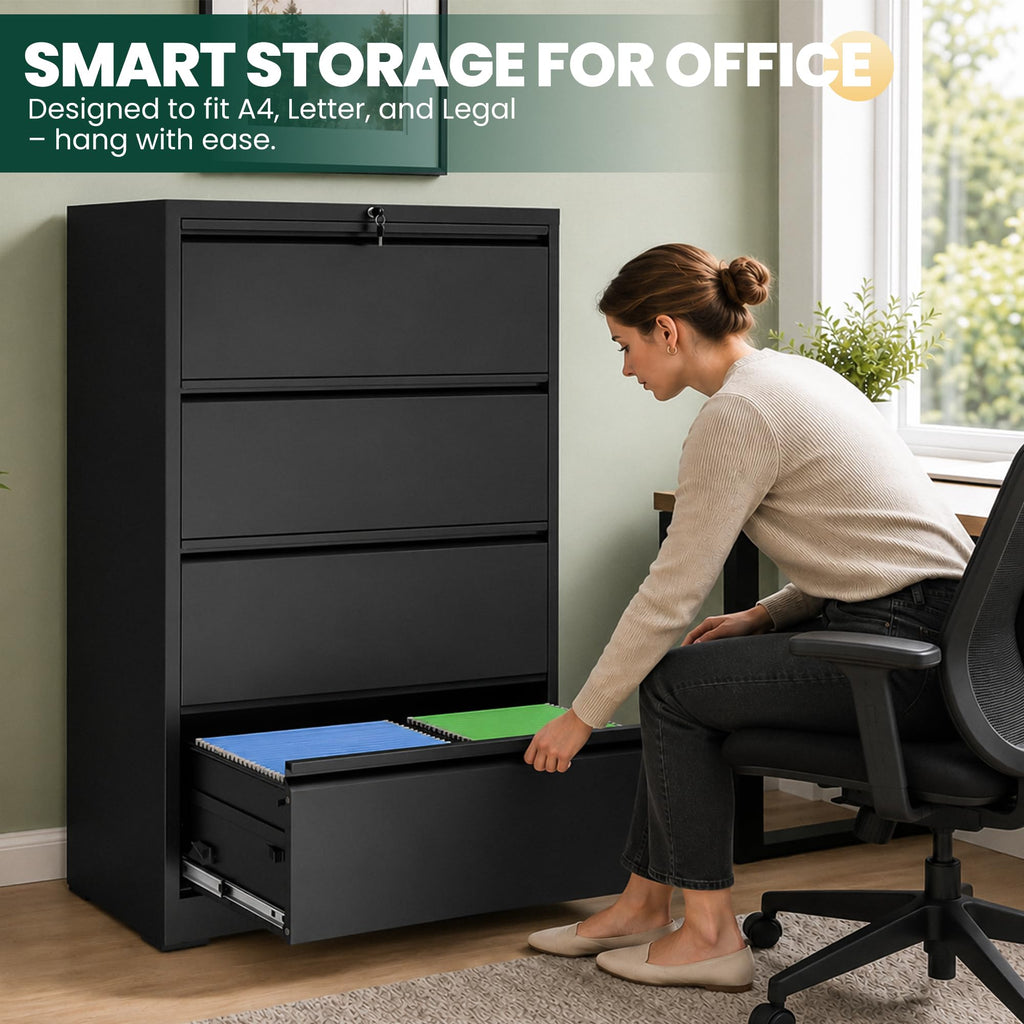 4 Drawer Black Lateral File Cabinet with Lock Y87439