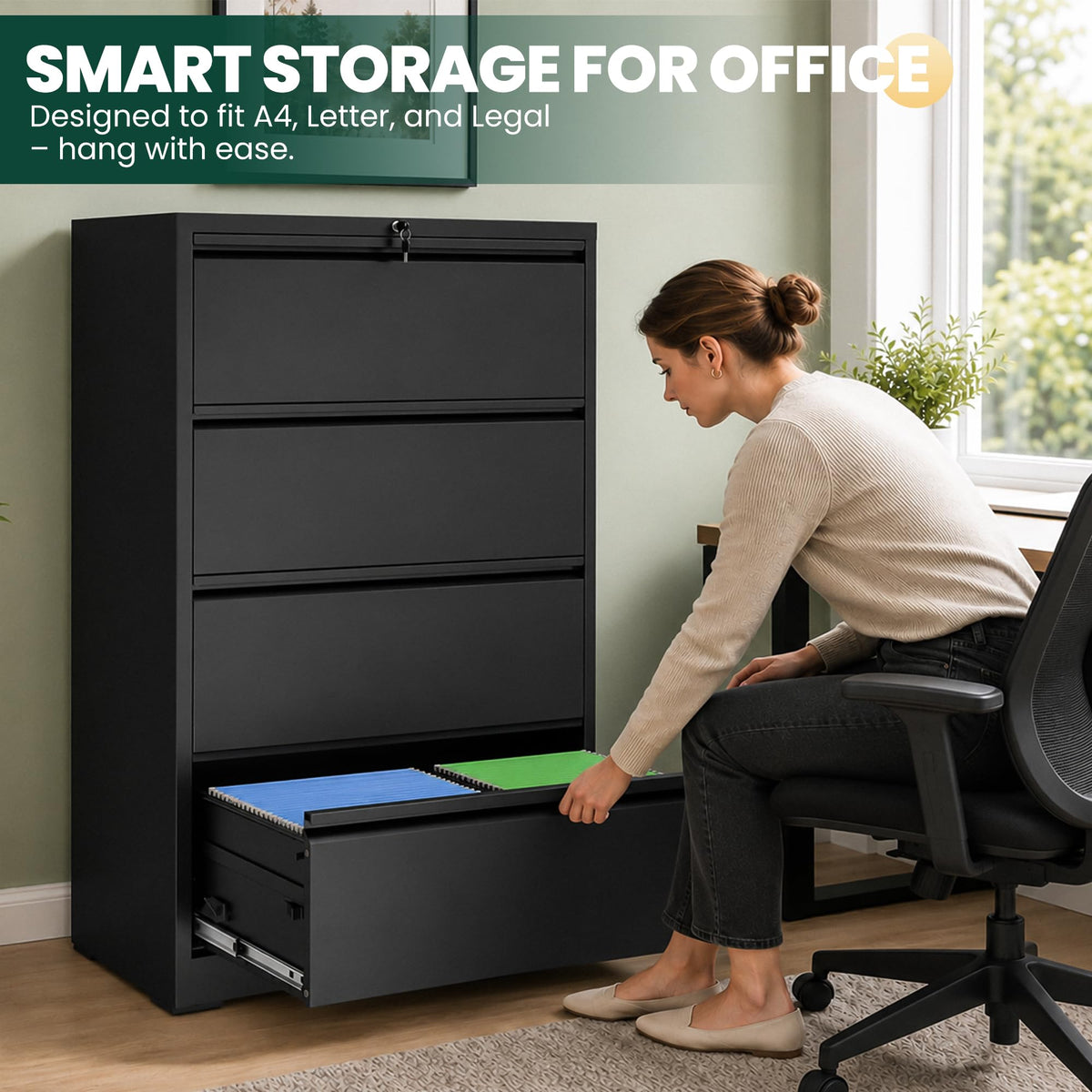 4 Drawer Black Lateral File Cabinet with Lock Y87439