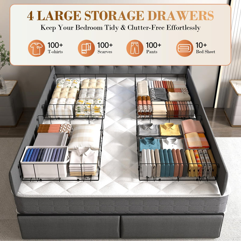 Queen Size Upholstered Bed Frame with 4 Storage Drawers F27802