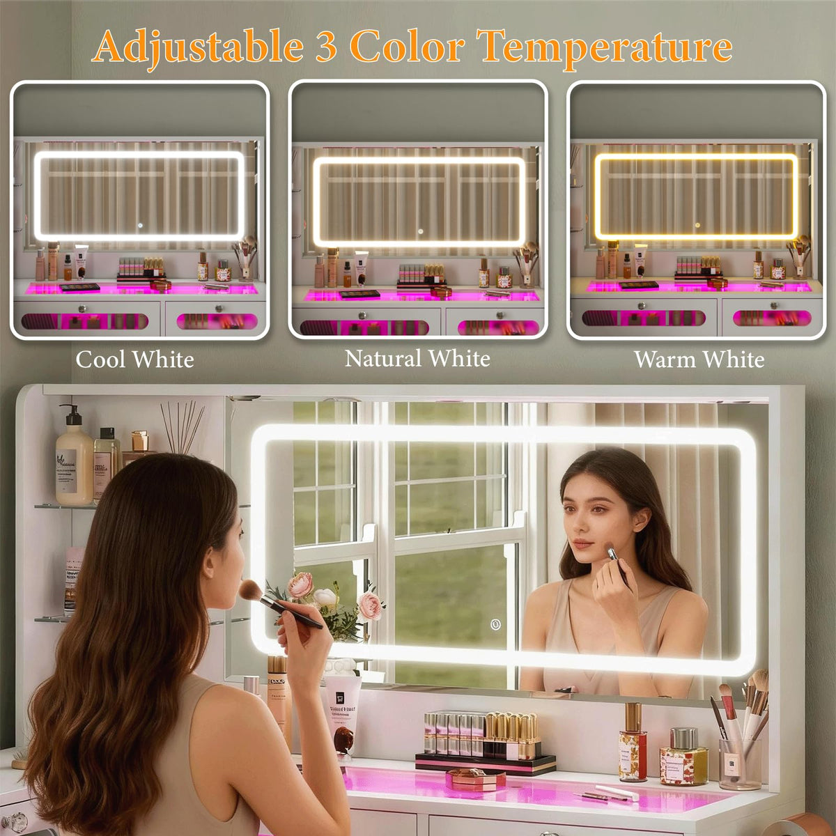 White Makeup Vanity with Mirror and Lights, 8 Drawers and Stool X34062