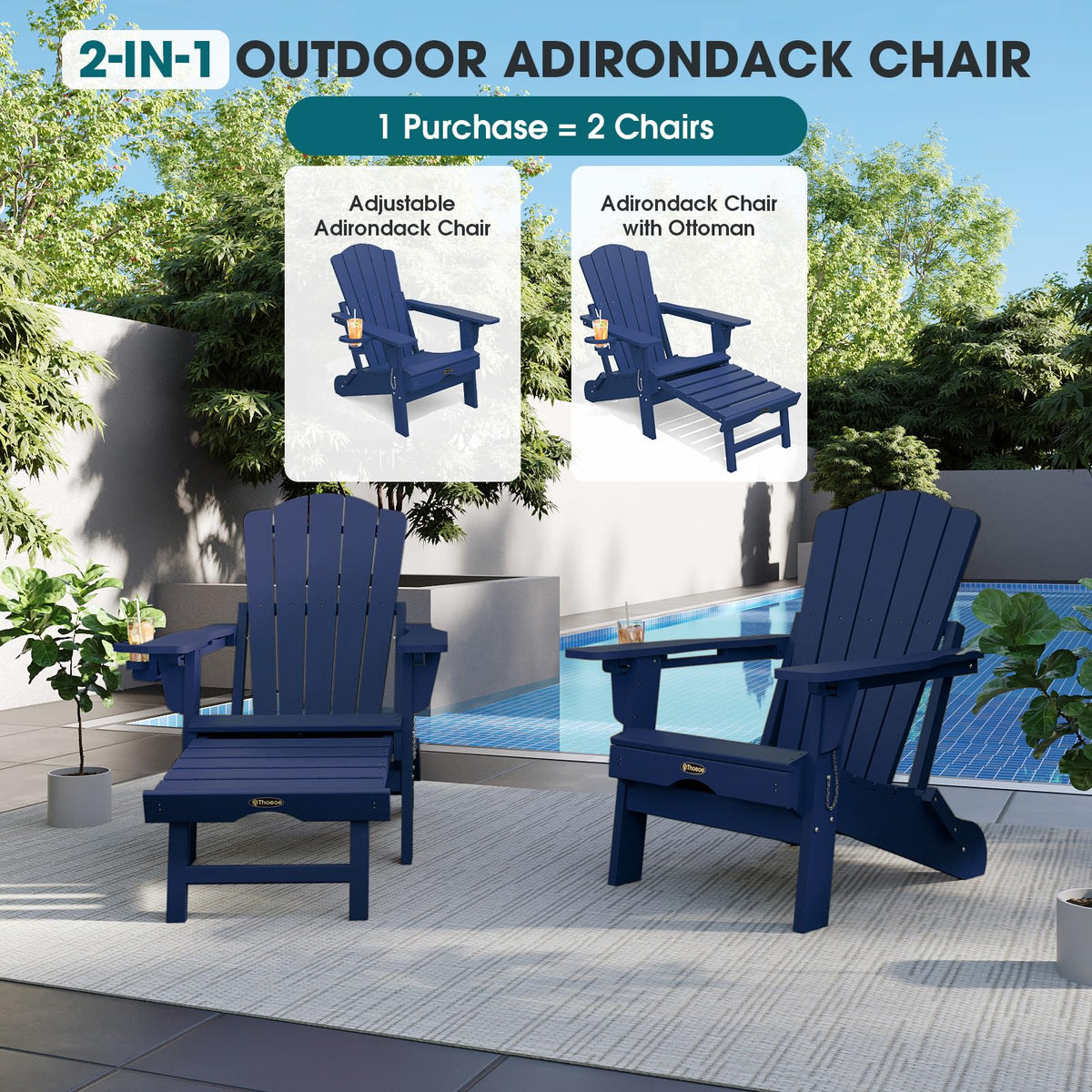 Folding HDPE Adirondack Chairs with Footrest I632992