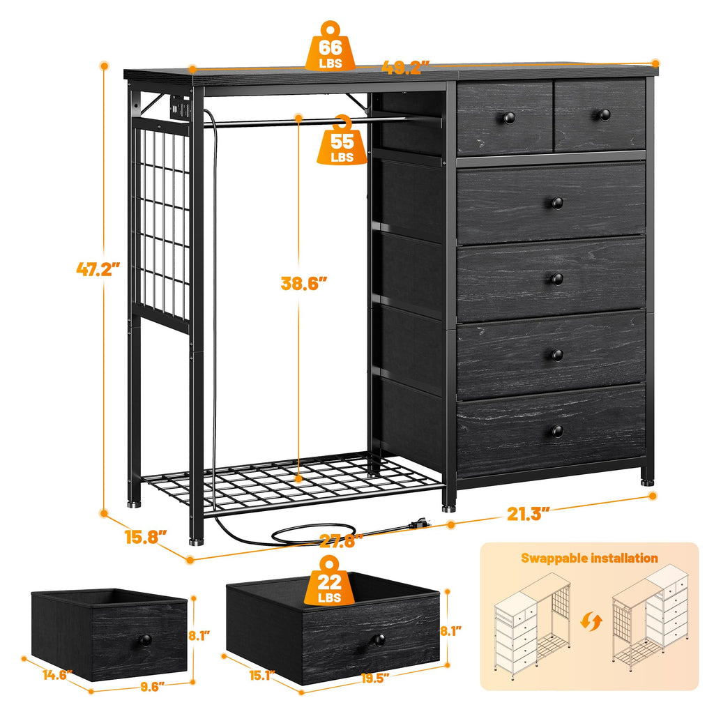 49.2" W Dresser with Hanging Rack & 6 Drawers P492