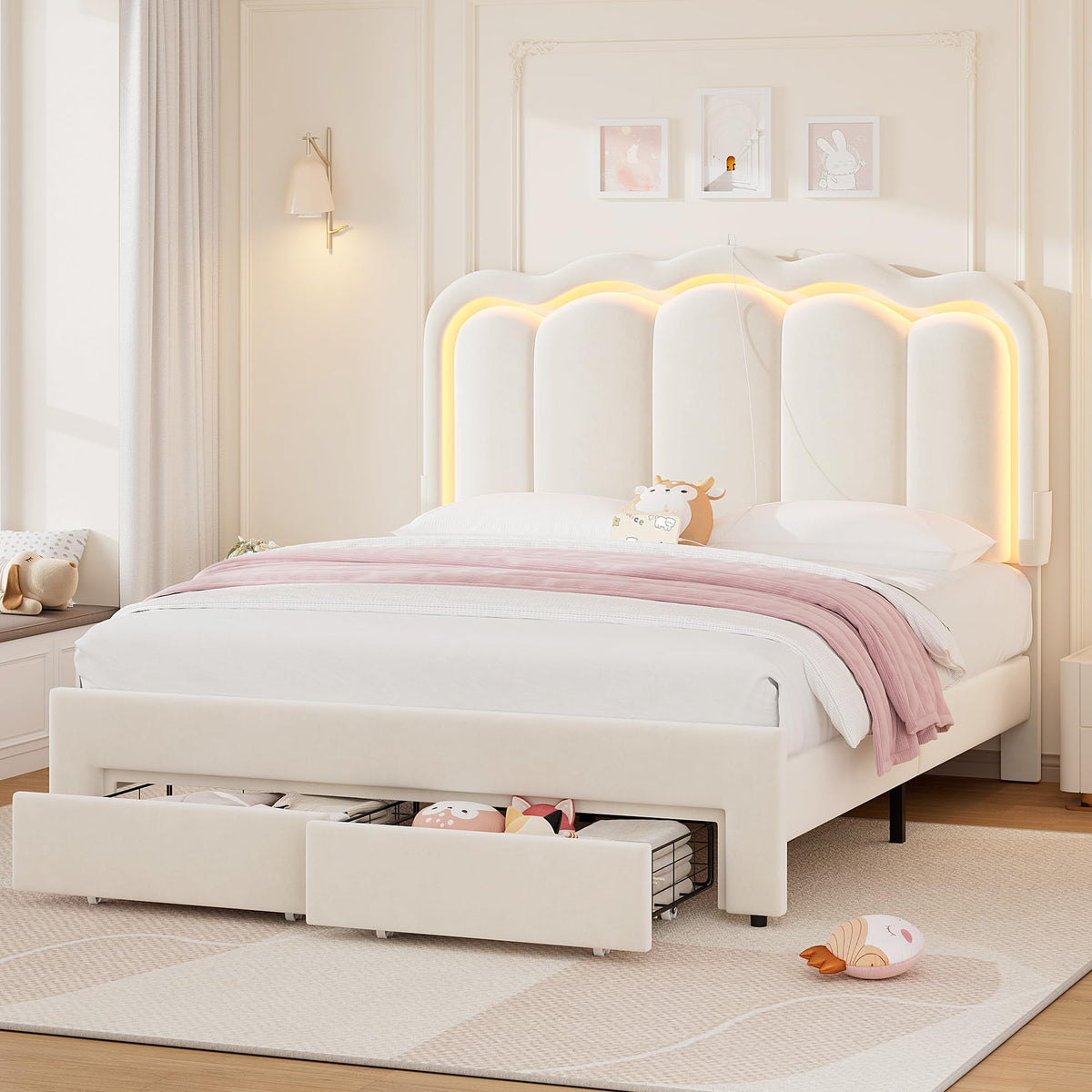 Beige Velvet Upholstered LED Bed Frame with 2 Storage Drawers Q333
