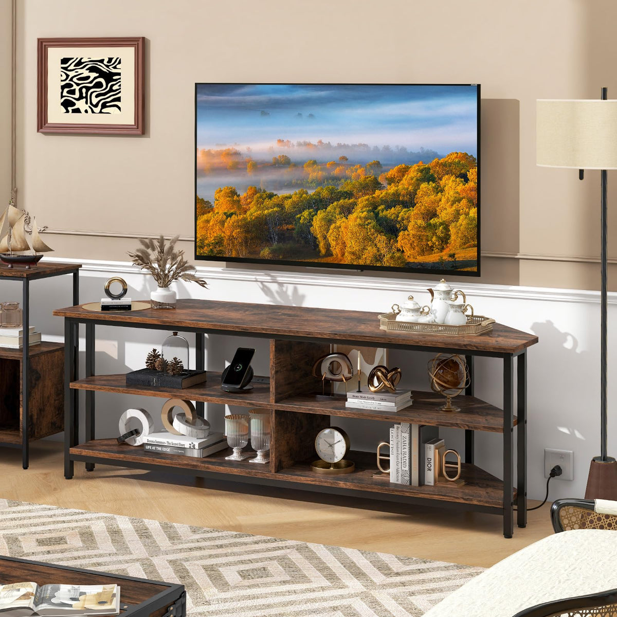 Corner TV Stand for TVs up to 65" with AC Outlets and Storage Shelves M398