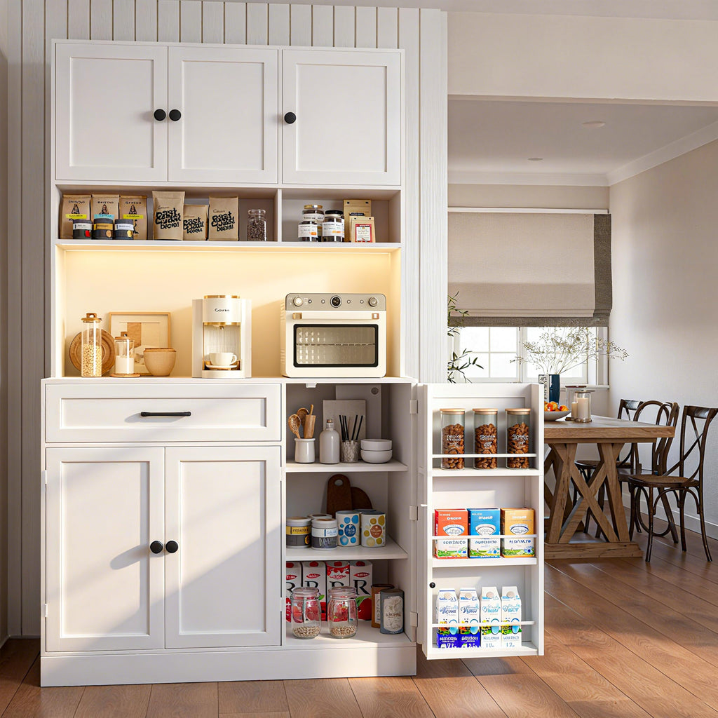 72" Kitchen Pantry Cabinet with LED Light and Charging Station Y22056