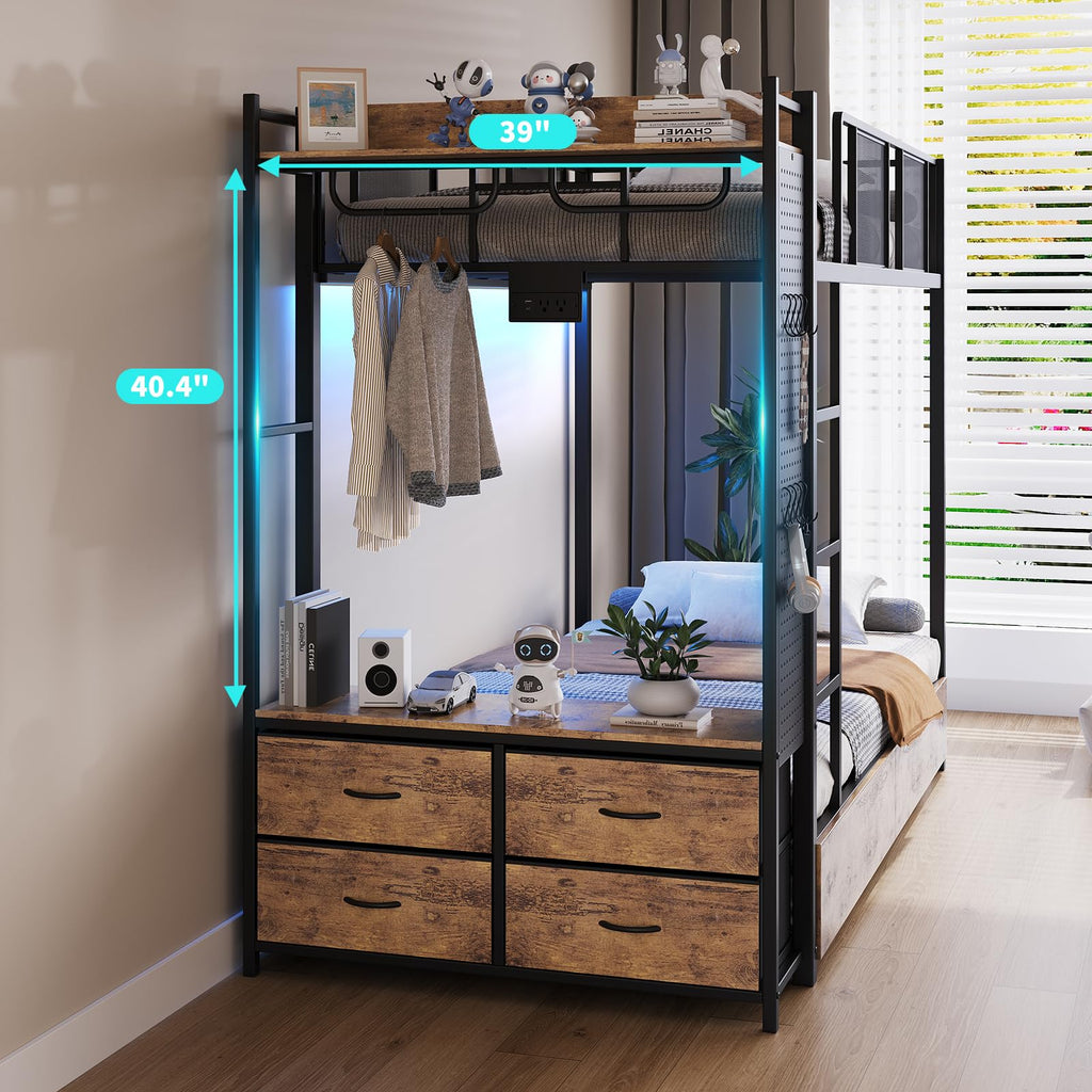 Twin Over Twin Metal Bunk Bed with Storage Drawers S4708