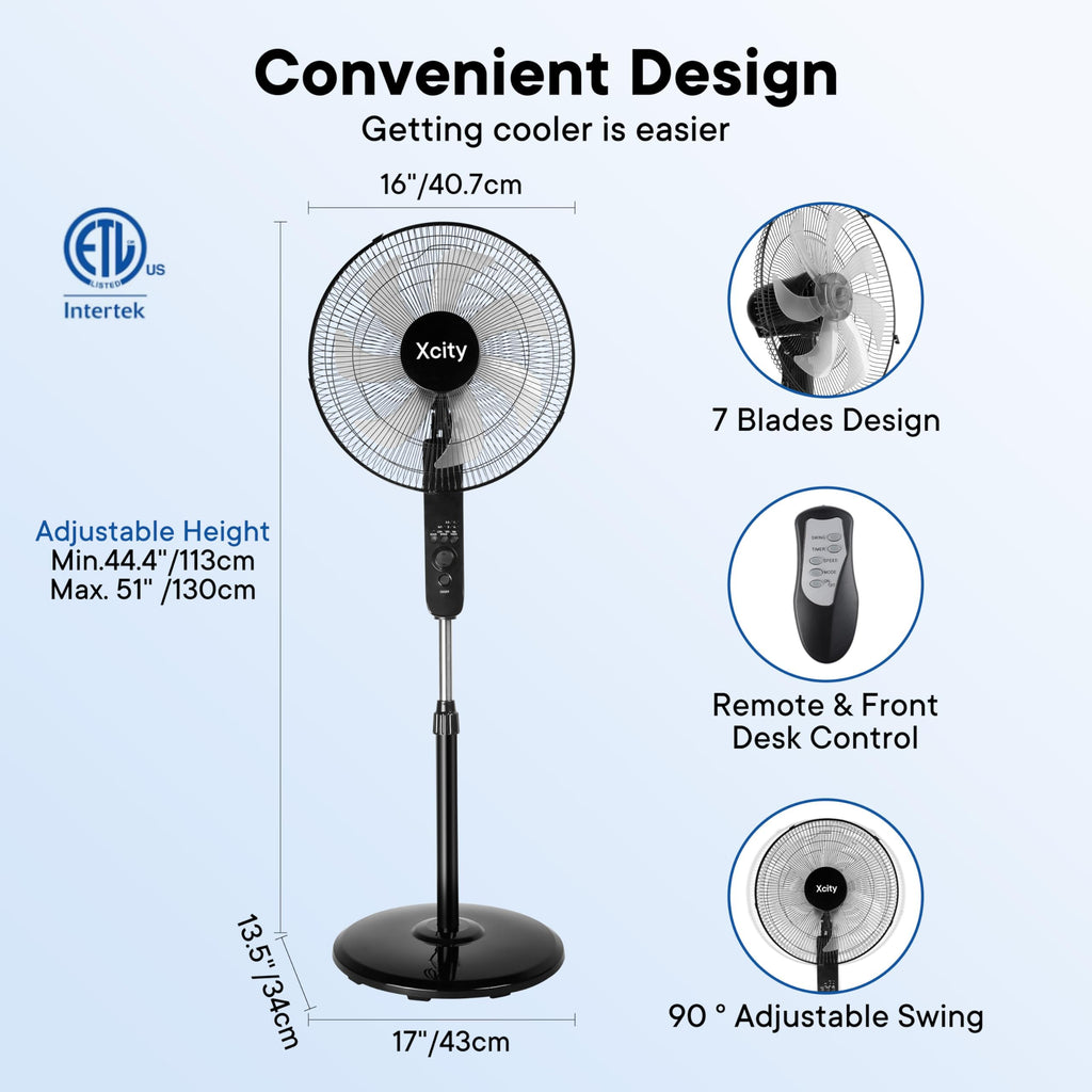 16 inch Oscillating Pedestal Fan, 3-Speed, Black U365