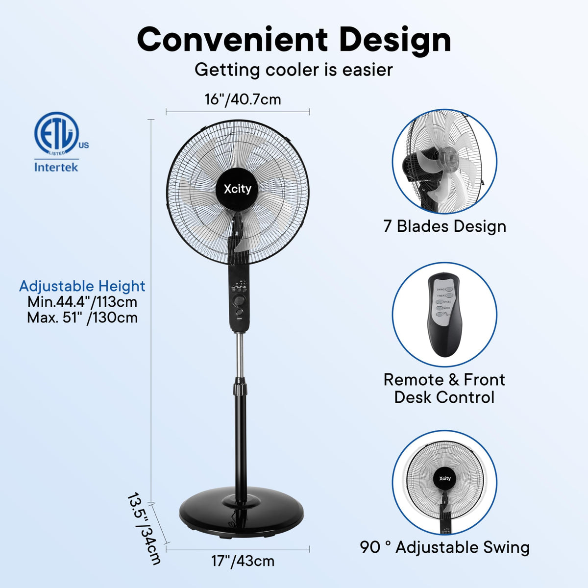 16 inch Oscillating Pedestal Fan, 3-Speed, Black U365
