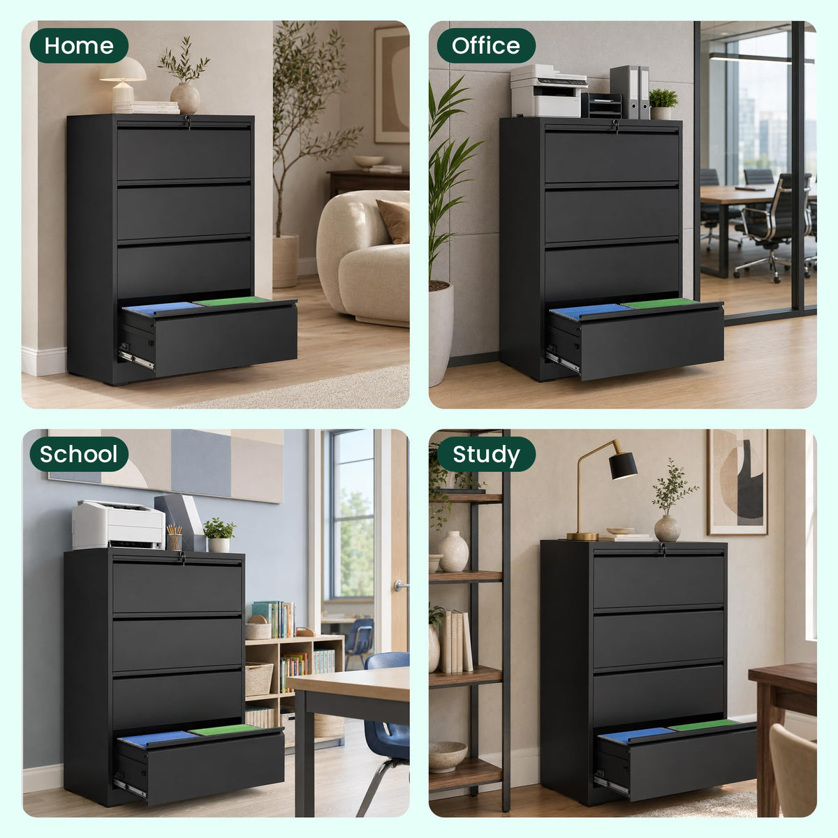 4 Drawer Black Lateral File Cabinet with Lock Y87439