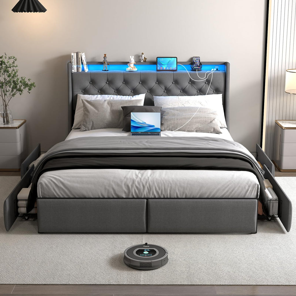 Queen Size Upholstered Bed Frame with 4 Storage Drawers F27802