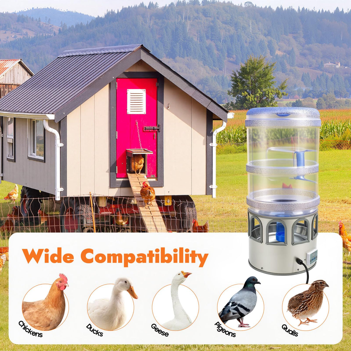5 Gal Heated Chicken Waterer 80W Adjustable Temperature P4313
