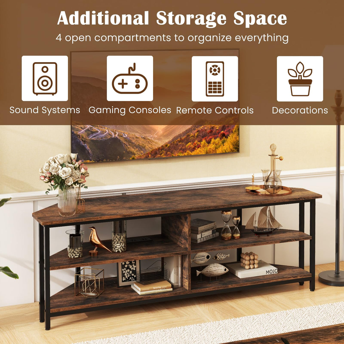 Corner TV Stand for TVs up to 65" with AC Outlets and Storage Shelves M398