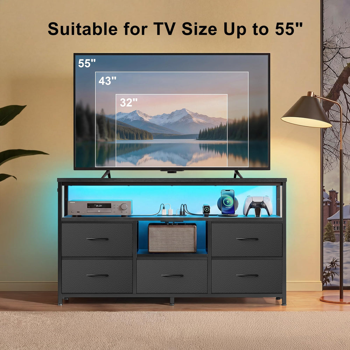Black 5 Fabric Drawer Dresser TV Stand with LED Lights P1668