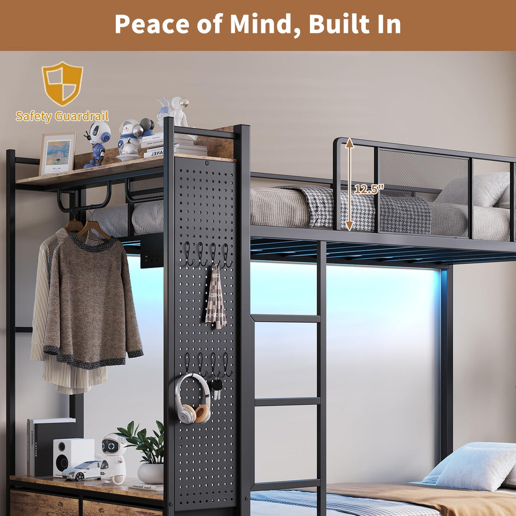 Twin Over Twin Metal Bunk Bed with Storage Drawers S4708