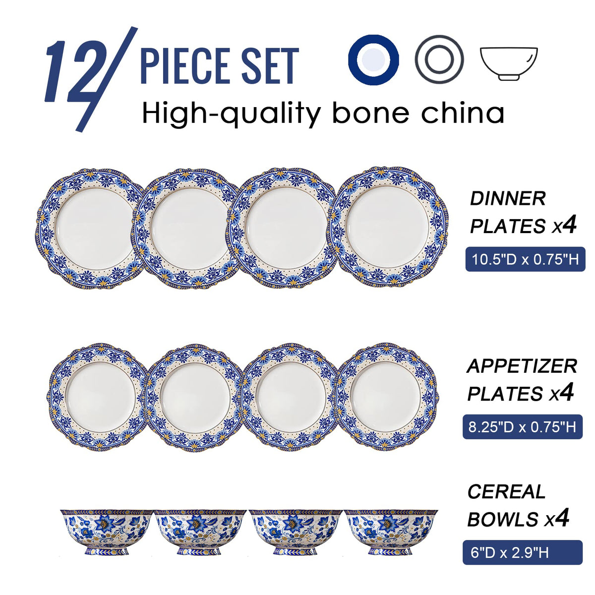 Bone China Tea Set for 6, 12 Pieces Blue and White M3869
