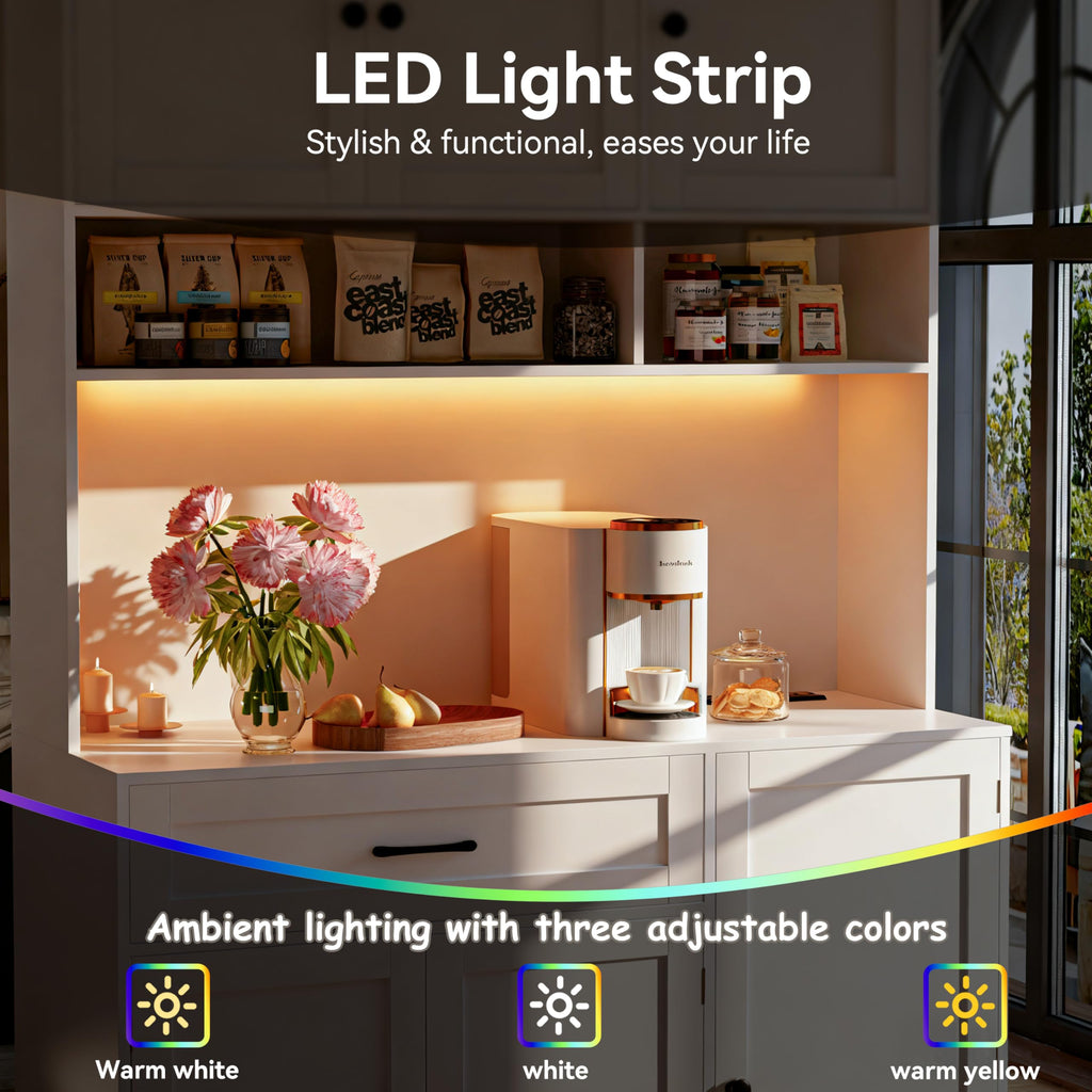 72" Kitchen Pantry Cabinet with LED Light and Charging Station Y22056
