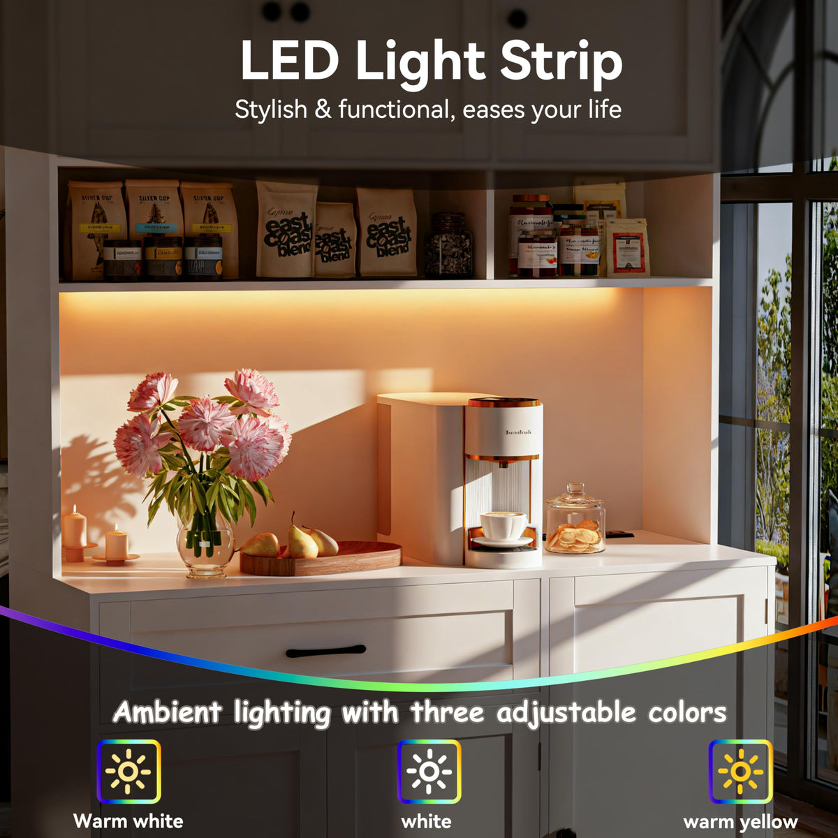 72" Kitchen Pantry Cabinet with LED Light and Charging Station Y22056