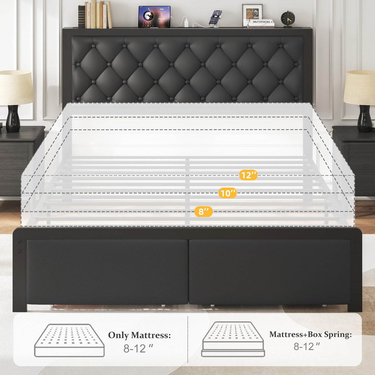 Queen Bed Frame with Upholstered Headboard and 2 Storage Drawers Y1712