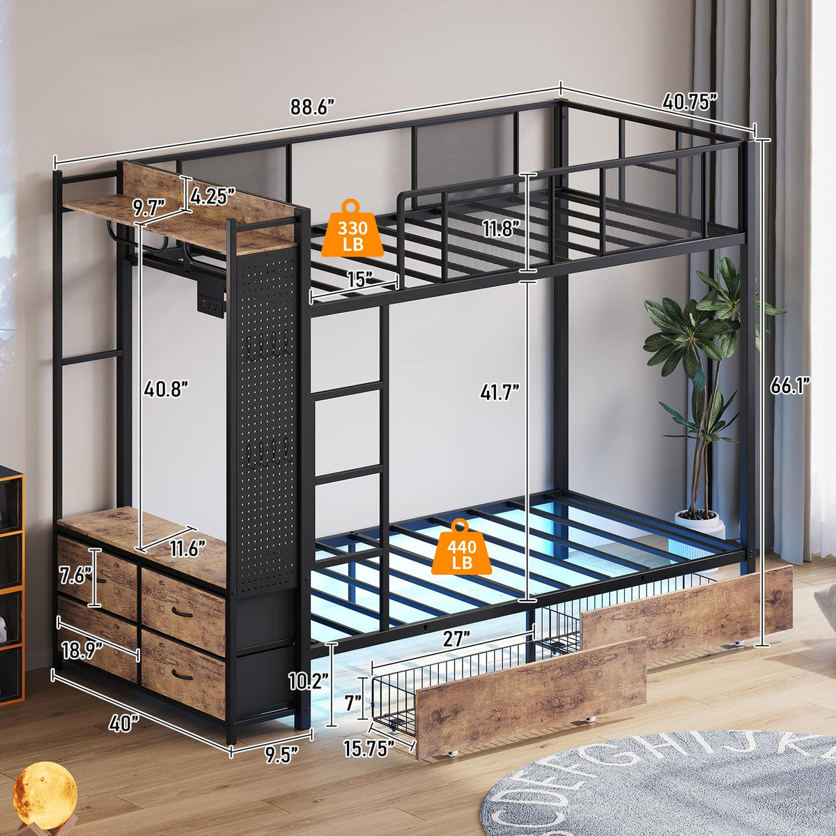 Twin Over Twin Metal Bunk Bed with Storage Drawers S4708