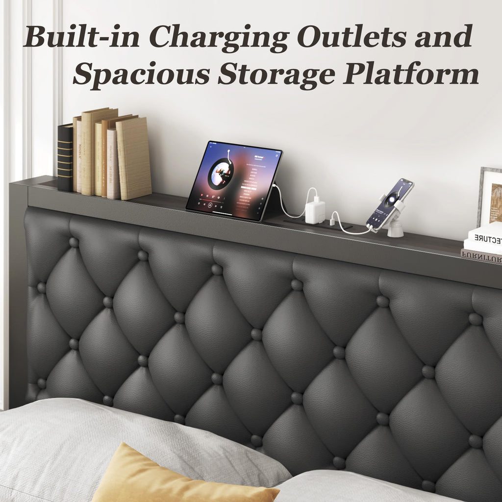 Queen Bed Frame with Upholstered Headboard and 2 Storage Drawers Y1712